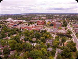 Aerial image of the Ball State Campus. Photo by: Michael Wolfe