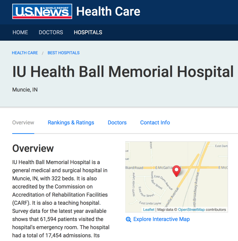 IU Health Ball Memorial Hospital's listing on US News and World Report