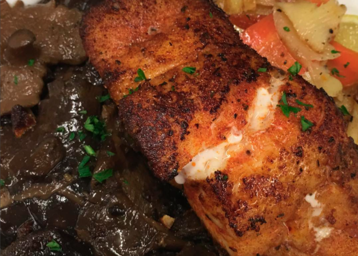 Salmon, broiled with sea salt & olive oil, Forest Mushroom Confit and Himalayan Red Rice.
