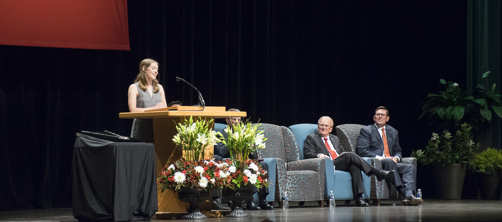 Pictured (L-R) Clare Mearns, Mayor Dennis Tyler and Jud Fisher. President Mearn's daughter, Clare L. Mearns, presented humorous insight to her father during the installation program.