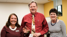 John Marsh, a history teacher at the Indiana Academy for Science, Mathematics, and Humanities, has been named the recipient of the inaugural Robert P. Bell Creative Teaching Award from The Community Foundation of Muncie and Delaware County. John (center) poses with Foundation program officer, Carly Acree-King (left), and president, Kelly K. Shrock (right). Photo by Mallory Huxford.
