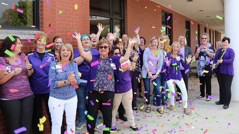 A group of nurses from IU Health Ball Memorial Hospital celebrates the organization’s new Magnet® recognition. ANCC’s Magnet Recognition Program® distinguishes health care organizations that demonstrate excellence in nursing. Photo by: Courtney Thomas