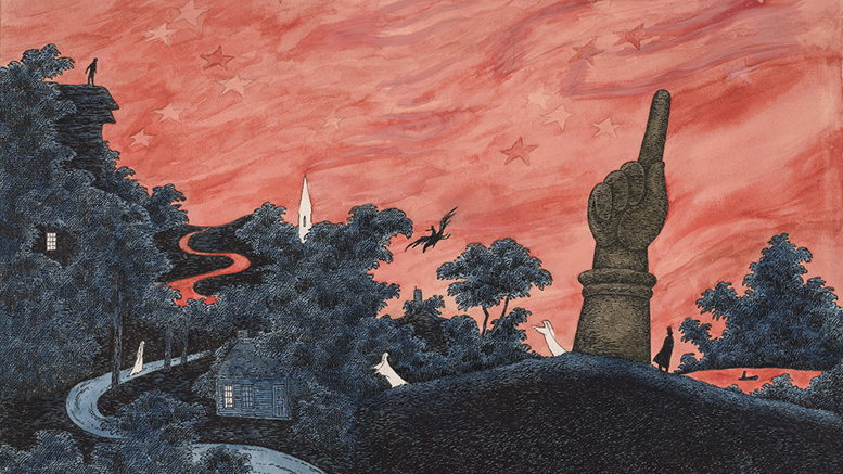 Edward Gorey, Haunted America, 1990. Watercolor, pen and ink, and pencil on paper. Wadsworth Atheneum Museum of Art, American Paintings and Drawings Purchase Fund, 2015.4.1.© The Edward Gorey Charitable Trust.