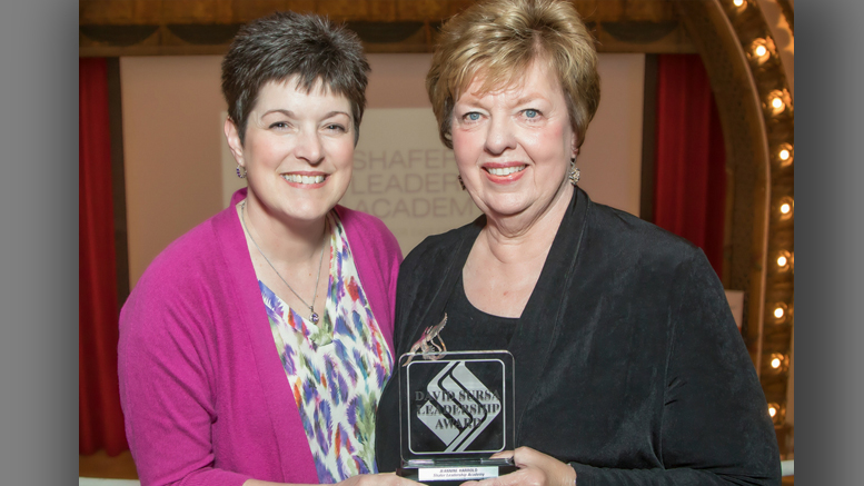 Foundation president, Kelly K. Shrock poses with Jeannine Harrold, the 2018 recipient of the David Sursa Leadership Award. The award recognizes and encourages extraordinary leadership by a non-profit board member in Delaware County.