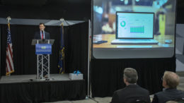 Adam Unger, Accutech Systems President, makes remarks during a news conference announcing the company will move its headquarters to downtown Muncie. Photo by: Mike Rhodes
