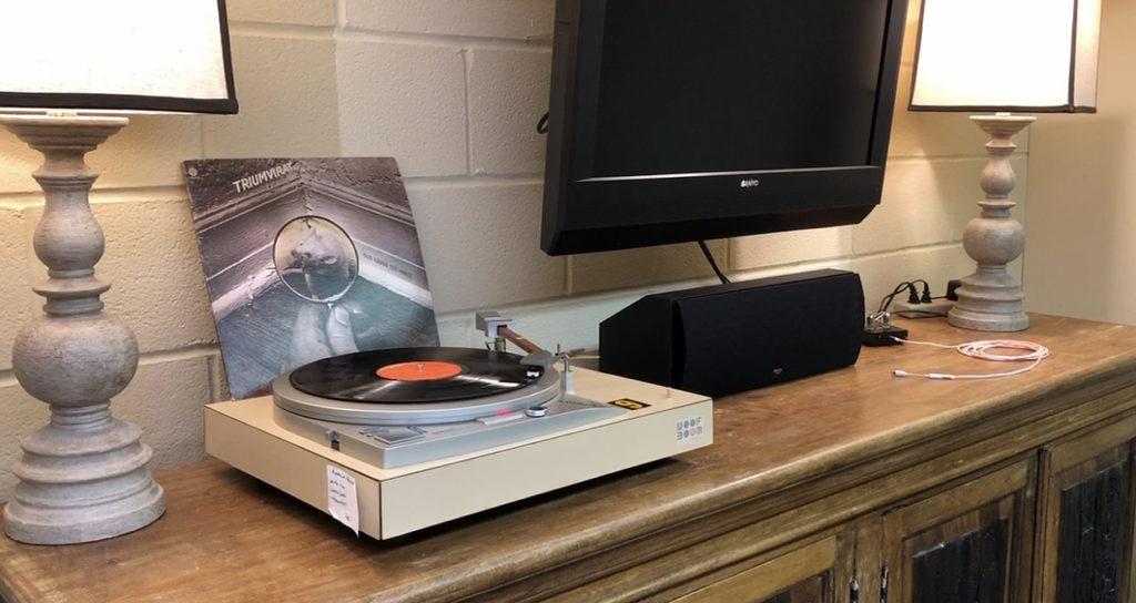 The Technics turntable inside the conference room at WLBC. Photo by: Mike Rhodes