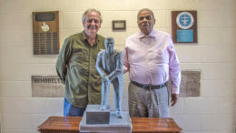 Hoosier artist, Bill Wolfe is pictured with Hurley C. Goodall and a miniature version of the lifesized statue. Photo provided