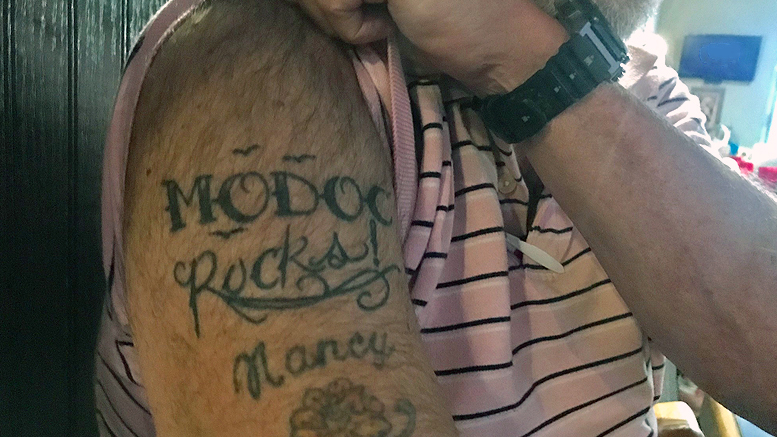 ‘Modoc Rocks’ says in ink what the drummer’s folks believe. Photo by: Katie Carlson