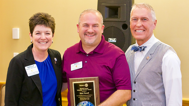 (L to R) Kelly Shrock – Muncie Rotary President, Matt Howell – 2019 recipient of the Merrill Greene Award, and Dale Basham – Immediate-Past District 6560 Governor. Photo provided