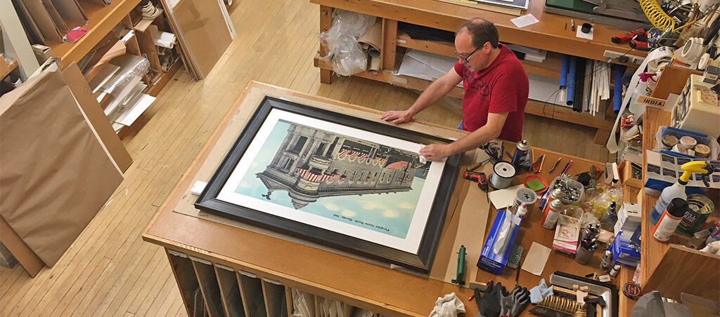 Mark Perretta works on a large print for a corporate client. Mark is a musician and visual artist who has a great eye that understands color and materials. Photo provided