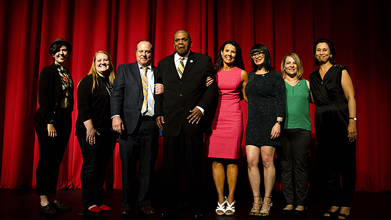 Mayor's Arts Awards Recipients for 2019. Pictured L-R: Rachel Replogle, Kim Miller, Chris Flook, Hurley Goodall, Michelle Bade, Krista Sides, Lynette Waters-Whitesell, Tania Said. Photo by: Deftly Creative
