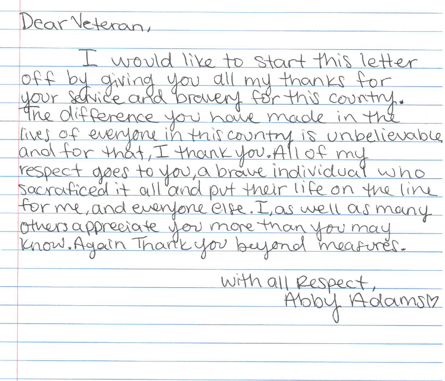  Letters To Veterans From Area Students Today s Letter Written By 