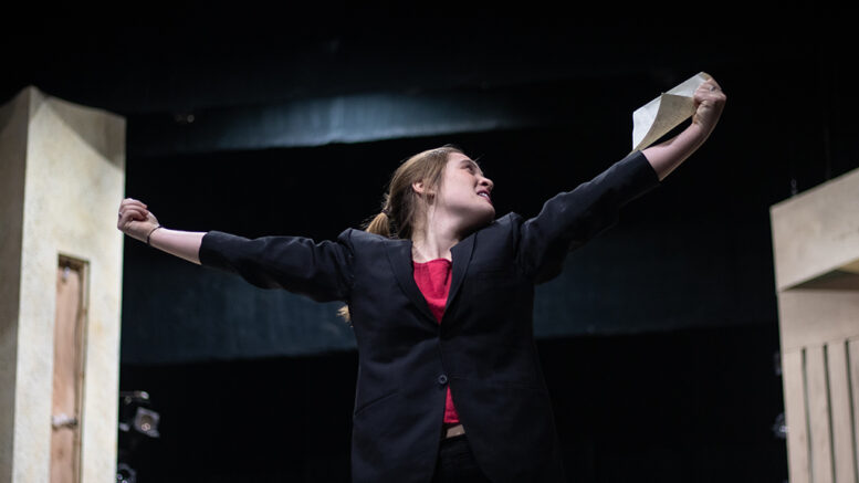 Ingrid Schwartz, sophomore musical theatre option, rehearses her role of Malvolio. Photo provided
