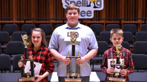 Winners of the 2020 WIPB Spelling Bee were, left to right, Wes-Del Elementary School student Georgia Davis, first runner-up; Lee L. Driver Middle School student Andrew Toney, champion, and Bloomfield Elementary School student Clark Wellman, second runner-up. Photo provided