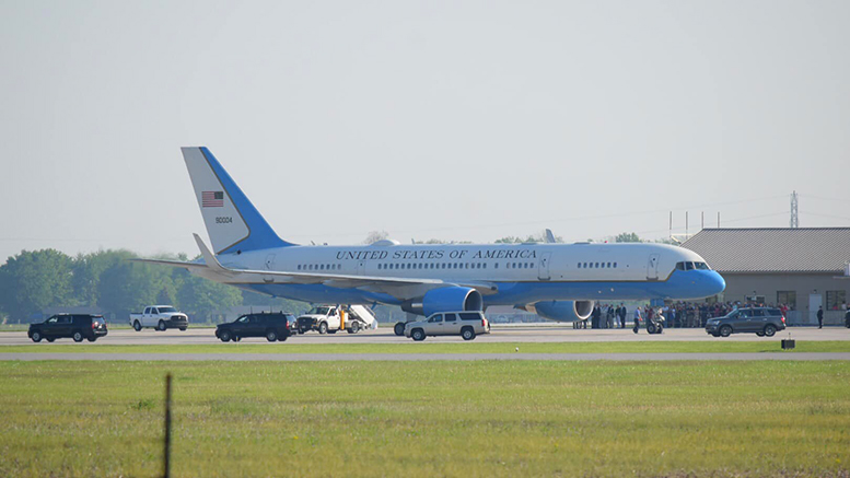 Airforce Two is pictured landing at the Muncie-Delaware County Airport on May 18, 2019. Photo by: Mike Rhodes