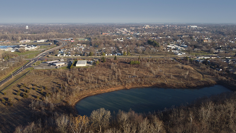 An aerial image of the proposed urban park area including the water feature. Photo by Mike Rhodes