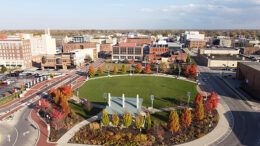 Aerial image of the Canan Commons area in downtown Muncie, IN. Photo by Mike Rhodes