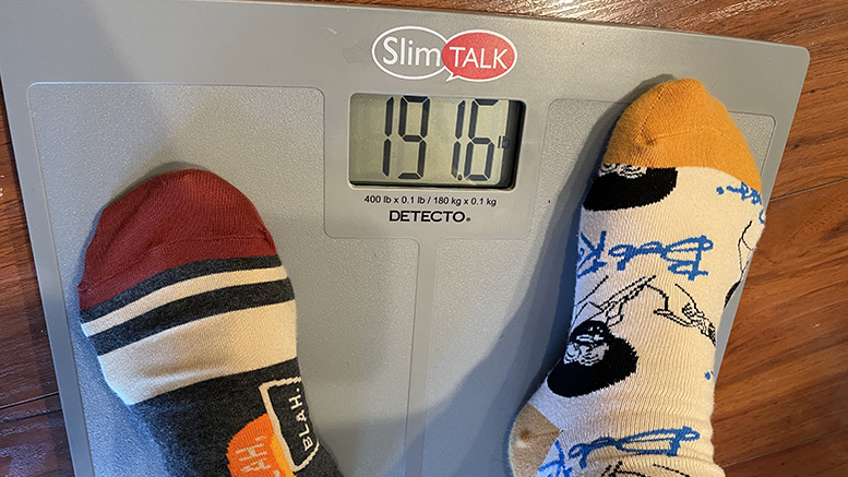 Even super-cool socks can’t out-hip talking bathroom scales. Photo by Nancy Carlson