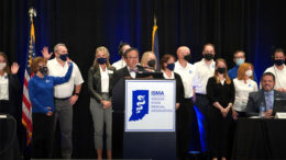 Outgoing ISMA President Roberto Darroca, MD, is pictured at the podium thanking ISMA staff during the 172nd Annual Convention, which was held Sept. 10-12, 2021.