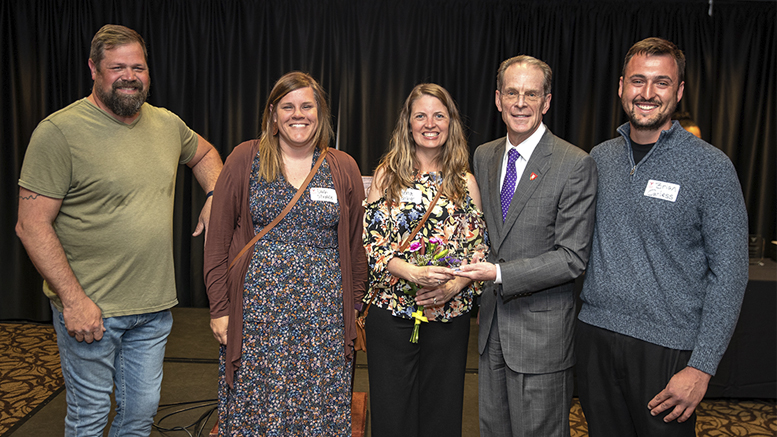 Pictured L to R: Neil Kring, Darby Strahle, Jena Ashby, Ball State President Geoffrey Mearns, and Brian Carless.