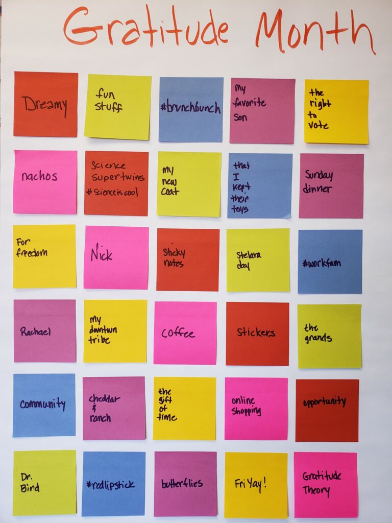 Dawn Brand Fluhler’s 2019 sticky note gratitude poster that naturally ended with “gratitude theory.”