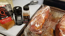 Steve Lindell is a BBQ enthusiast and shares a photo of his pork loin preparations prior to going into the Pit Boss BBQ smoker. He used the three dry rubs shown on the left, plus apple wood pellets in the smoker. Cook time was 3 hours. Photo by Steve Lindell