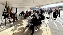 Muncie Mayor Dan Ridenour (far left) presents at a news conference held on Tuesday. Photo provided.