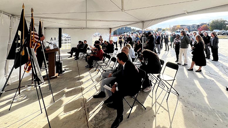 Muncie Mayor Dan Ridenour (far left) presents at a news conference held on Tuesday. Photo provided.