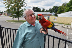 Joe Mumpower and his Scarlet Macaw are frequent entertainers at Starbucks.