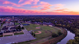 Aerial image overlooking the downtown area, Muncie Central High School, and White River. Photo by: Michael Wolfe