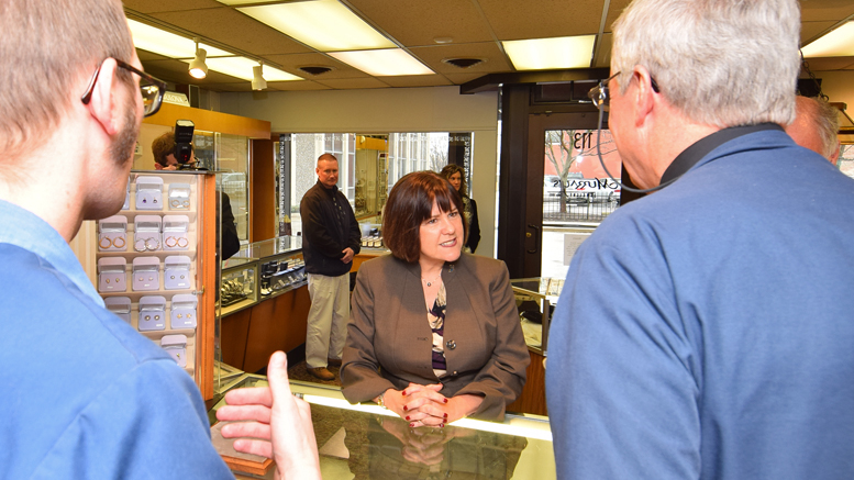 First Lady Karen Pence visits Murray's Jewelers to view the custom jewelry the company created for the Bicentennial Marketplace. Photo by: Mike Rhodes