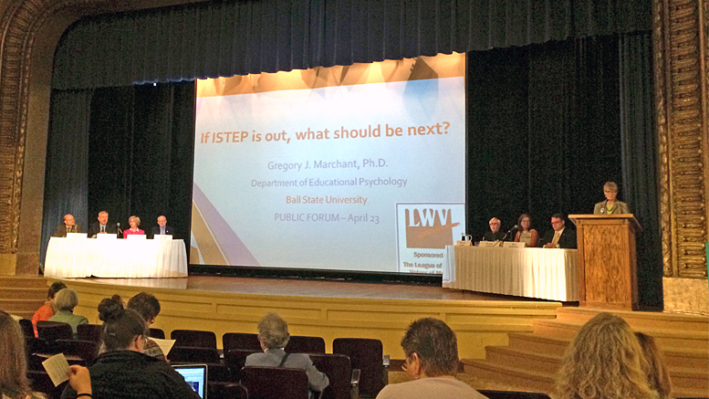 Approximately 125 stakeholders attended a Public Forum, hosted by the Muncie chapter of the League of Women Voters, to discuss “If ISTEP is out, what should be next?” LWV STEP Testing Panel L-R: Dr. Gregory Marchant, Dr. Steven Baule, Rep Sue Errington, Rep. Greg Beumer, Senator Tim Lanane, Dr. Alice Johnson, Sam Snideman, Linda Hanson. Photo by: Daniel Stallings