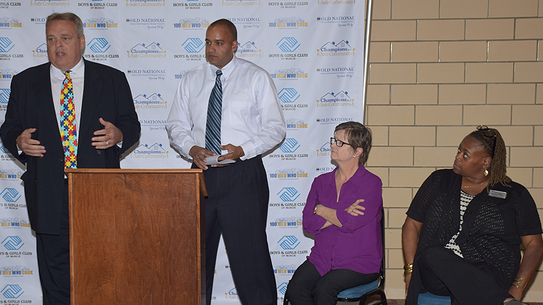 Pictured L-R: Jeff Howe, President of Northeast Region of Old National Bank Micah Maxwell, Executive Director – Boys & Girls Club of Muncie Juli Metzger, President – Board of Directors for Boys & Girls Club of Muncie WaTasha Griffin, Grants Committee Member – Champions for a Safe Community Fund