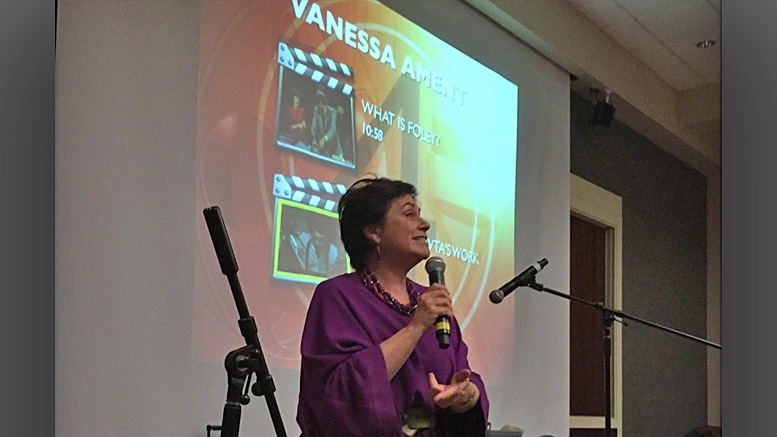 The Edmund F. and Virginia B. Ball Endowed Chair in Ball State’s Department of Telecommunications, Vanessa Ament, gives a presentation on what a Foley artist does, in this 2015 photo by Phil Bremen.