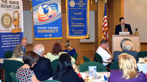 Masterworks Chorale Artistic Director, Dr. Andrew Crow presents to the Muncie Rotary Club on Tuesday, October 18th. Dr. Crow discussed the Masterworks Chorale and the season’s opening concert to be held at Cornerstone Center of the Arts. Photo by: Mike Rhodes