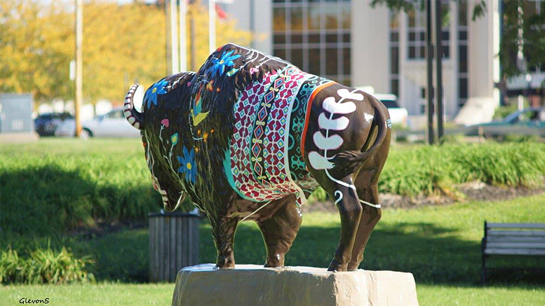 Artist Denise King's bison design for the Bison-tennial project. The bison is now permanently located at Tuhey Park. Photo by: Garland L. Simmons