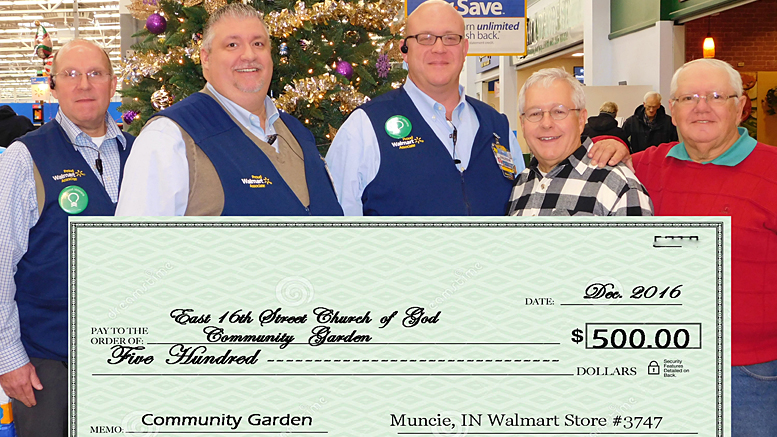Grant Check presentation photo, L to R: Joe Mansfield, Ass't Manager; Jeff Dayton, Store Manager; Drew Napier, Co-Manager, Mark Kreps and Richard Green members of the Garden Committee of the E 16th St. Church of God. Photo by: Tiffany Melton Whiles, (member of E 16th St Church of God and employee of Walmart)