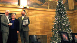 Steve Lindell accepts the Robert and Beverly Terhune Corporate Champion award on behalf of Woof Boom radio. Photo provided.