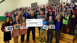 Pictured L-R: Raya Tewari, Allie Wilhelm, Verizon's Adam Crowder, Maria Alexander, Verizon District Manager Arlie Mimbela, Verizon's Brock Byrd, Kolton Nanko, Aiden Riegle, and Yorktown Middle School teacher, Shanan Riegle. Photo by: Mike Rhodes