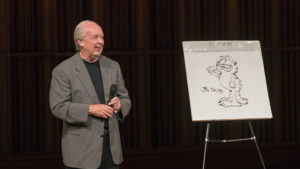 Alumnus Jim Davis delivered his first public lecture Oct. 3 in Sursa Hall, sharing insights from his near-40 year career as an animator. Davis has centered his business, Paws, Inc., in east central Indiana, making it easy for him to maintain strong ties with Ball State. Photo by: Ball State Photo Services