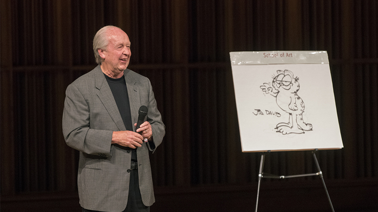 Alumnus Jim Davis delivered his first public lecture Oct. 3 in Sursa Hall, sharing insights from his near-40 year career as an animator. Davis has centered his business, Paws, Inc., in east central Indiana, making it easy for him to maintain strong ties with Ball State. Photo by: Ball State Photo Services