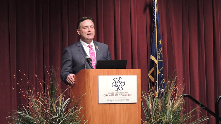 Congressman Luke Messer speaking to members of the Muncie-Delaware County Chamber of Commerce at the Horizon Convention Center. Photo by: Brenda Brumfield