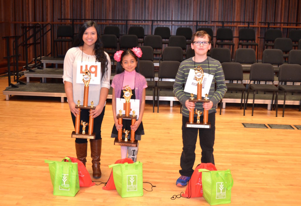 Last year's WIPB Spelling Bee Champion Samantha Academia from Yorktown Middle School, first runner-up Alesya Rathinasamy from Burris Laboratory School and second runner-up Caleb Roberts from Heritage Hall Christian School.