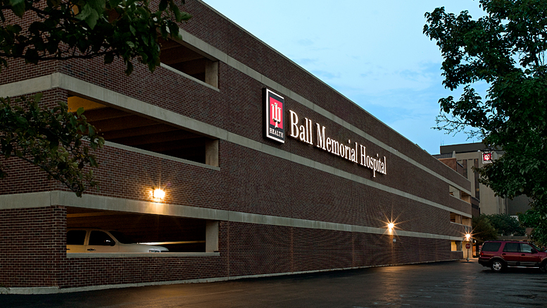 IU Health Ball Memorial Hospital signage on parking garage. Photo provided.