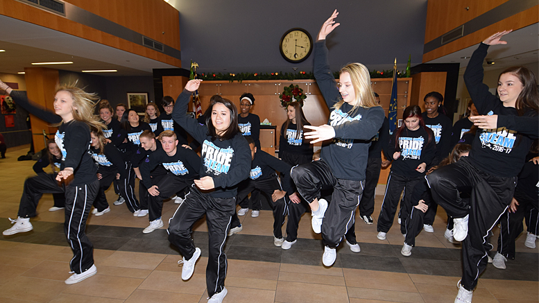 The Delaware County Pride Team performs in the lobby of IU Health, Ball Memorial Hospital. Photo by: Mike Rhodes