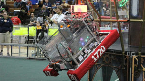 The PhyXTGears robot climbing a rope on an airship tower at the end of a match. Photo provided.