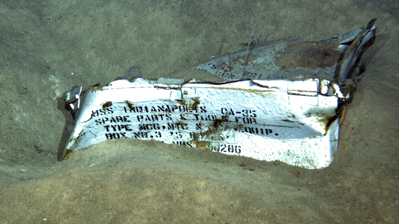 An image shot from a remotely operated underwater vehicle shows a spare parts box from USSIndianapolis on the floor of the Pacific Ocean in more than 16,000 feet of water. Photo courtesy of Paul G. Allen