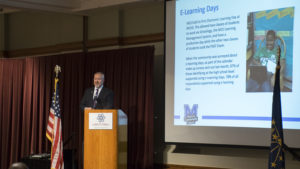 Dr. Steve Baule, Superintendent of the Muncie Community Schools giving his “State of the Muncie Community Schools” report to local civic and business leaders. Photo by: Mike Rhodes