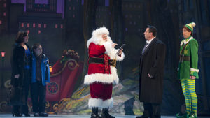 Julia Louise Hosack (Emily), Connor Barth (Michael), Gordon G ray (Santa), Drew Pulver (Walter) and Matt Kopec (Buddy) in “Elf The Musical.” Photo by: Joan Marcus