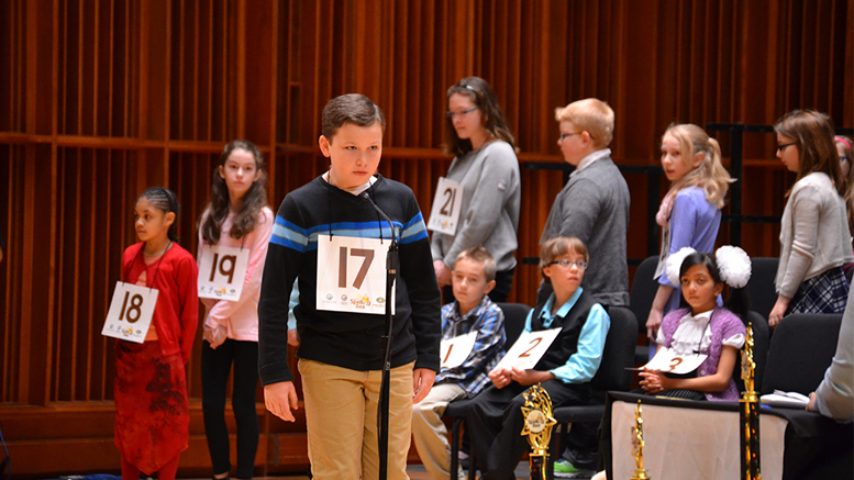 The winner of the 2017 WIPB Spelling Bee was Caleb Roberts (center), of Heritage Hall Christian School. First runner-up was Ria Agarwal of Yorktown Middle School and second runner-up was Alesya Rathinasamy of Burris Laboratory School. Caleb Roberts, the winner of the 2017 WIPB Spelling Bee, is pictured as he approaches the microphone to spell his first word of the competition. Photo provided